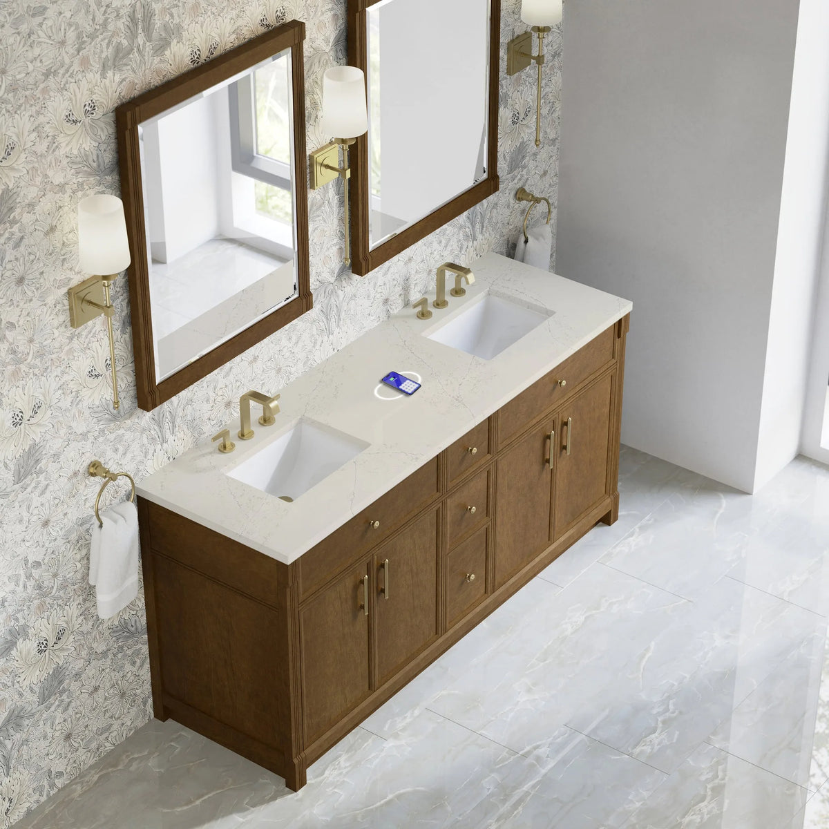 Bellshire 72" Double Vanity, Honey Oak w/ 3 CM Siberian Silestone Top w/FreePower Wireless Charger