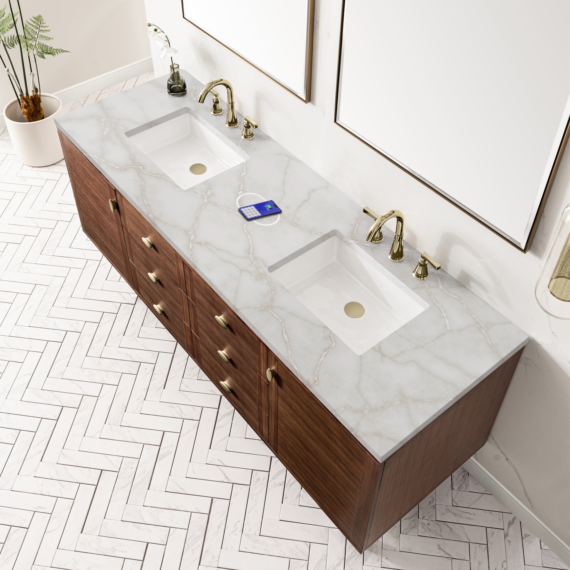 Renovate for Less Atlanta Amberly 72" Double Vanity, Mid-Century Walnut w/ 3 CM Victorian Silver Top w/FreePower Wireless Charger