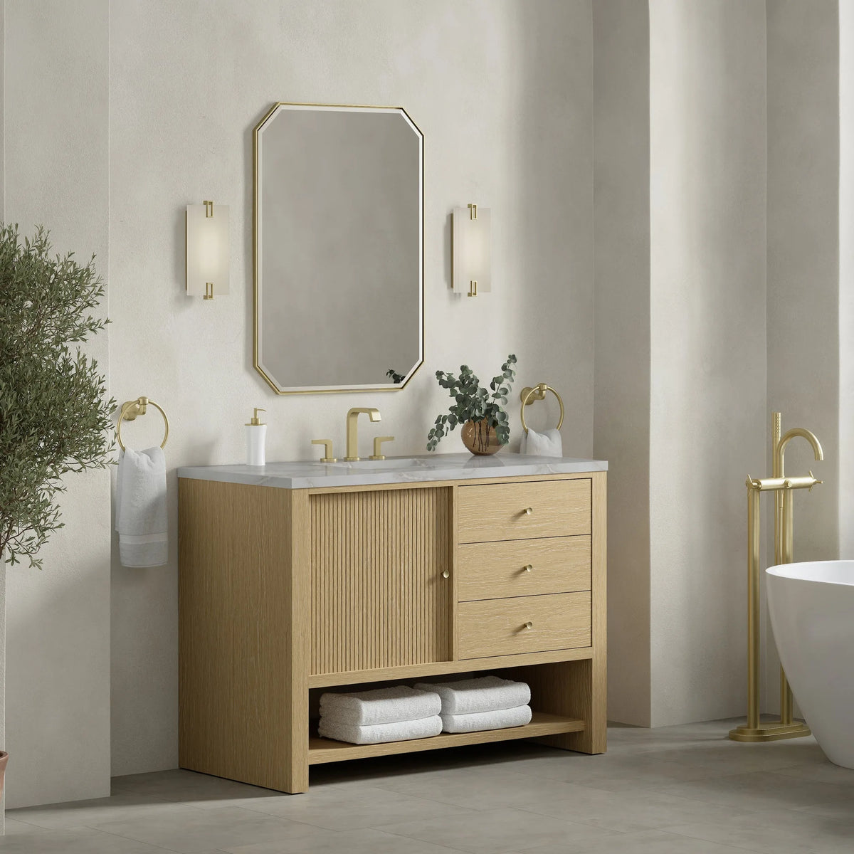 Marigot 48" Single Vanity, Sunwashed Oak w/ 3 CM Victorian Silver Silestone Top w/ FreePower Wireless Charger