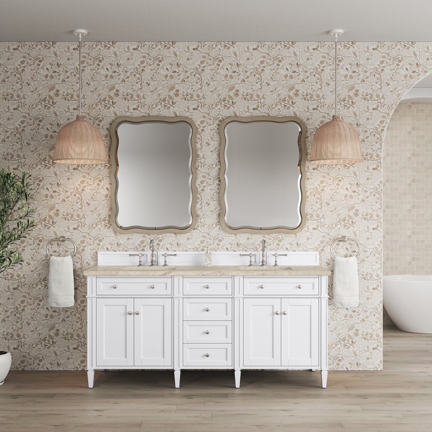 Renovate for Less Atlanta Brittany 72" Double Vanity in Bright White, w/ 3 CM Tajnar Eclos Top w/FreePower Wireless Charger