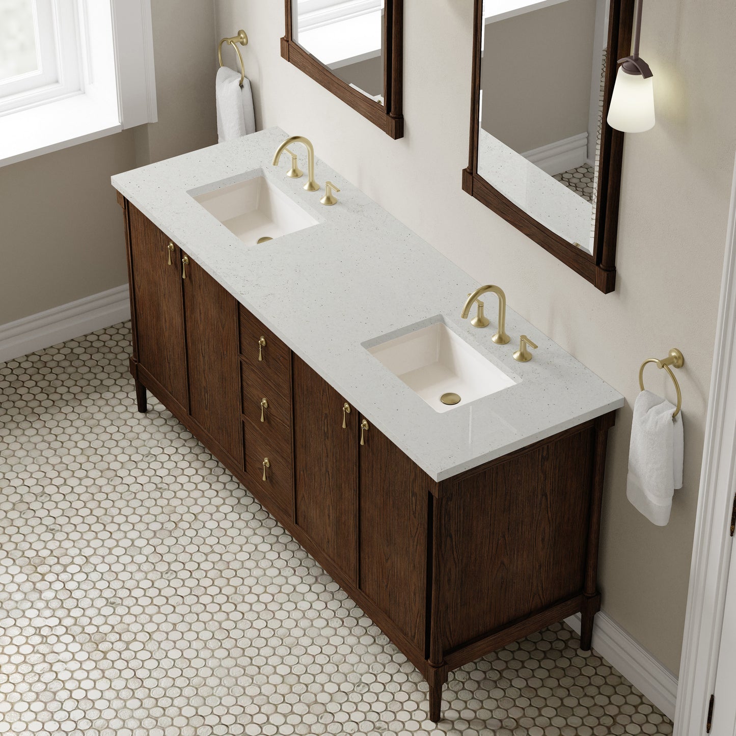 Renovate for Less Atlanta Kinnsden 72" Double Vanity, Sable Oak w/ 3 CM Lime Delight Silestone Top