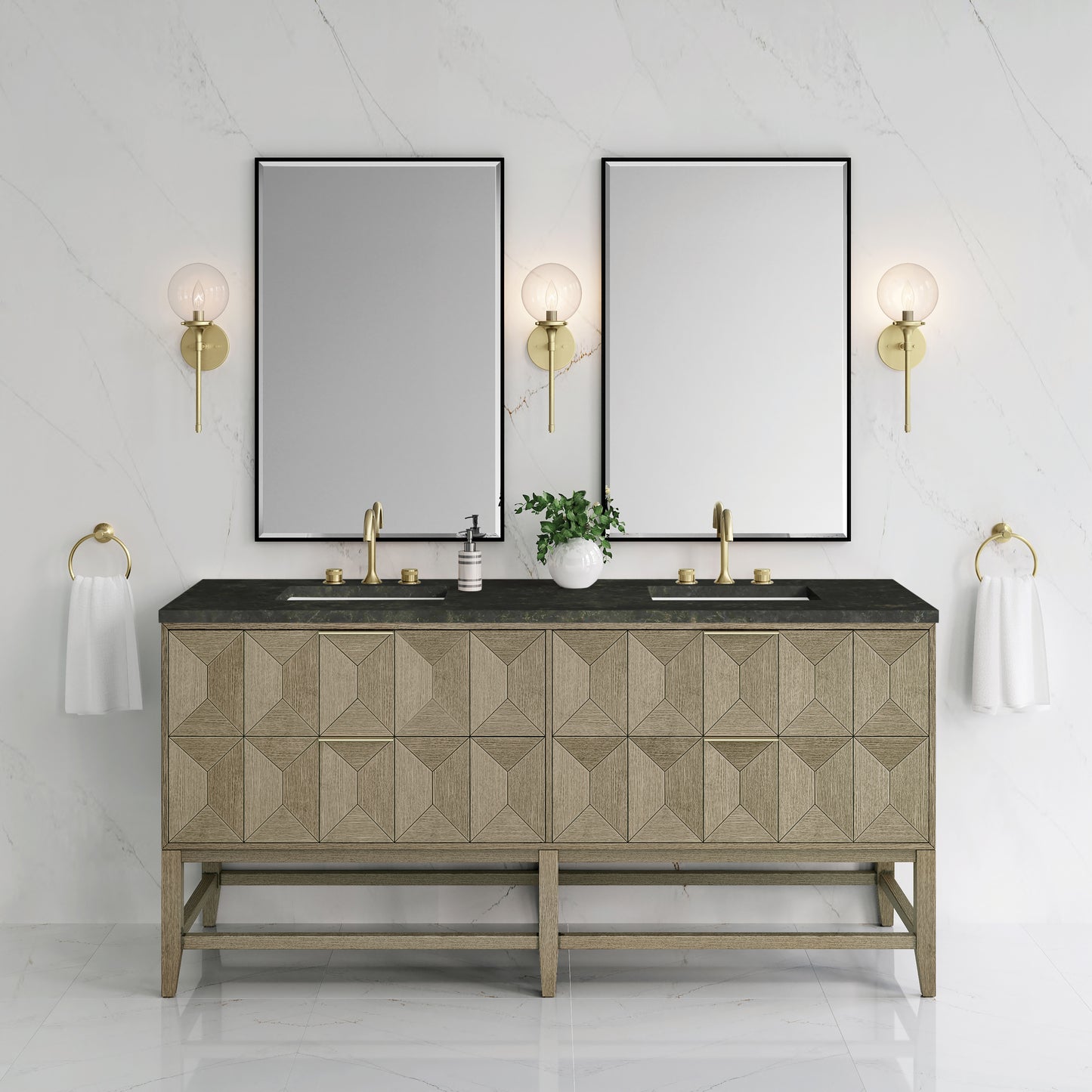 Renovate for Less Atlanta Emmeline 72" Double Vanity, Pebble Oak, w/ 3 CM Phantome Eclos Top
