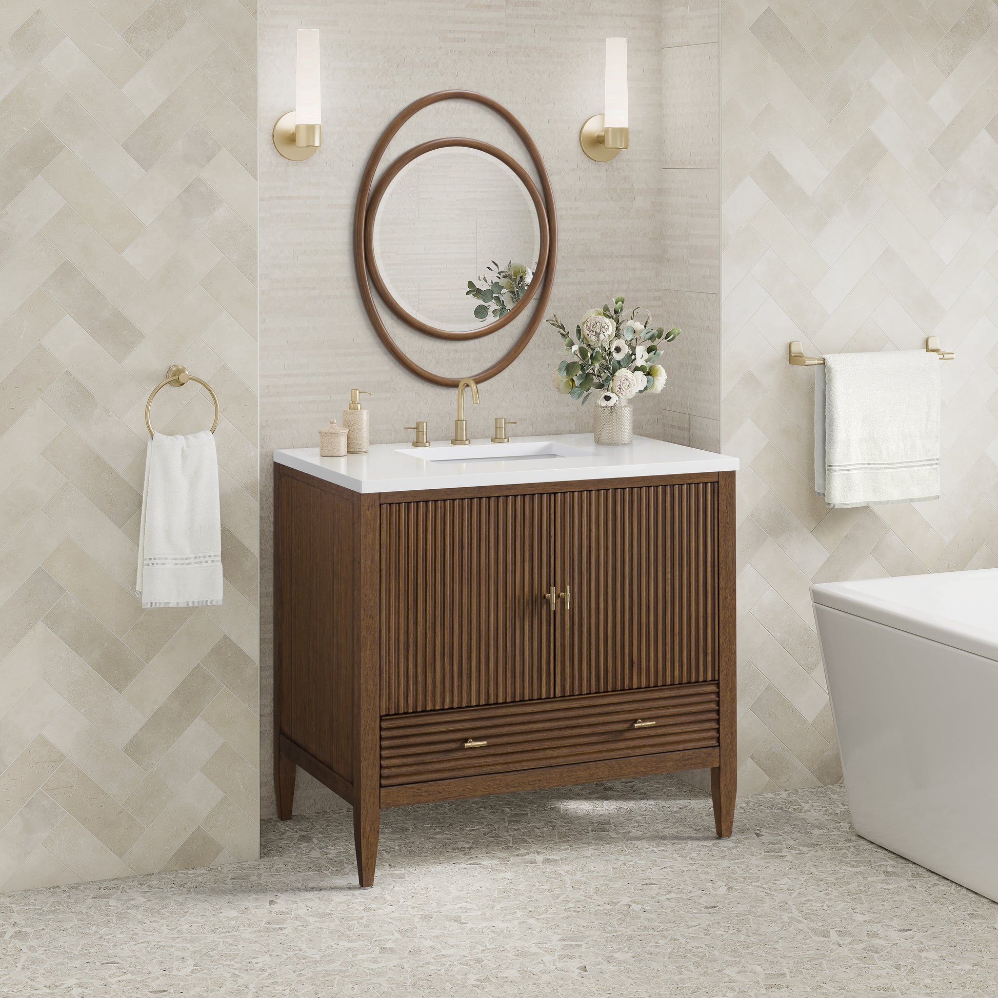 Renovate for Less Atlanta Myrrin 36" Vanity, Mid Century Walnut w/ 3 CM White Zeus Silestone Top