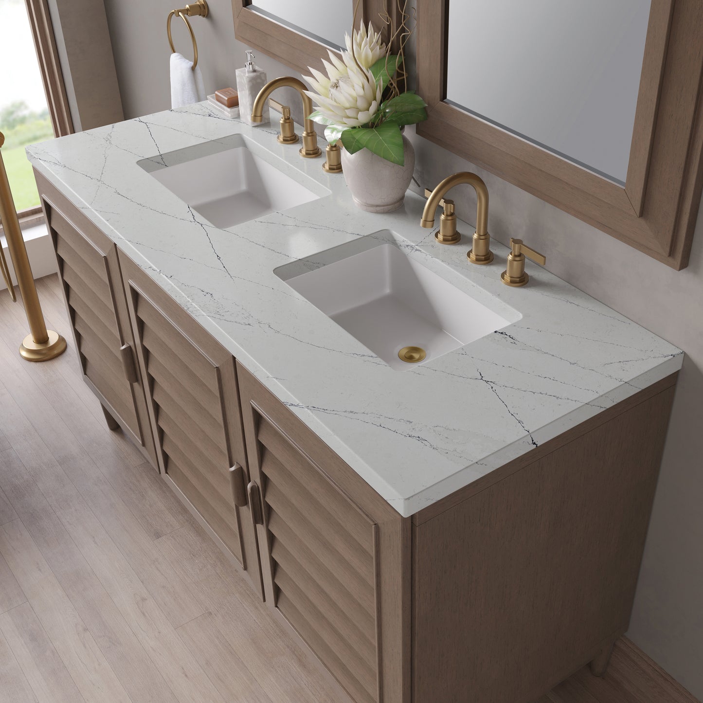 Renovate for Less Atlanta Portland 60" Double Vanity Whitewashed Walnut w/ 3 CM Ethereal Noctis Silestone Top