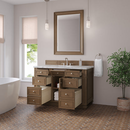 Renovate for Less Atlanta Bristol 48" Single Vanity, Saddle Brown w/ 3 CM Carrara Marble Top