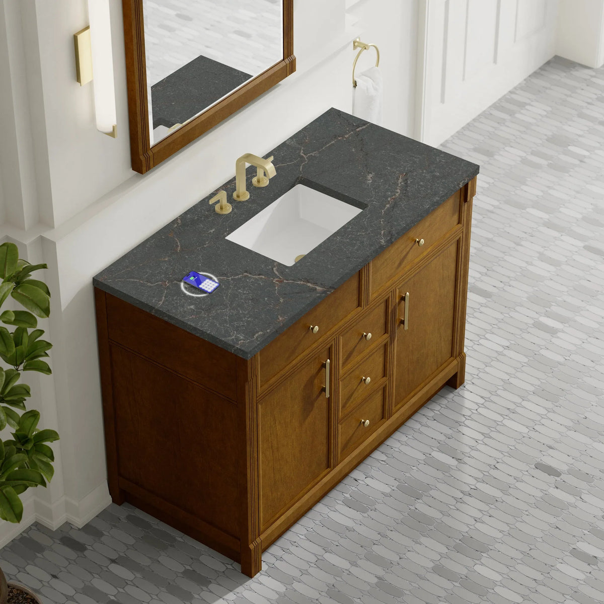 Bellshire 48" Single Vanity, Honey Oak w/ 3 CM Parisien Bleu Silestone Top w/FreePower Wireless Charger