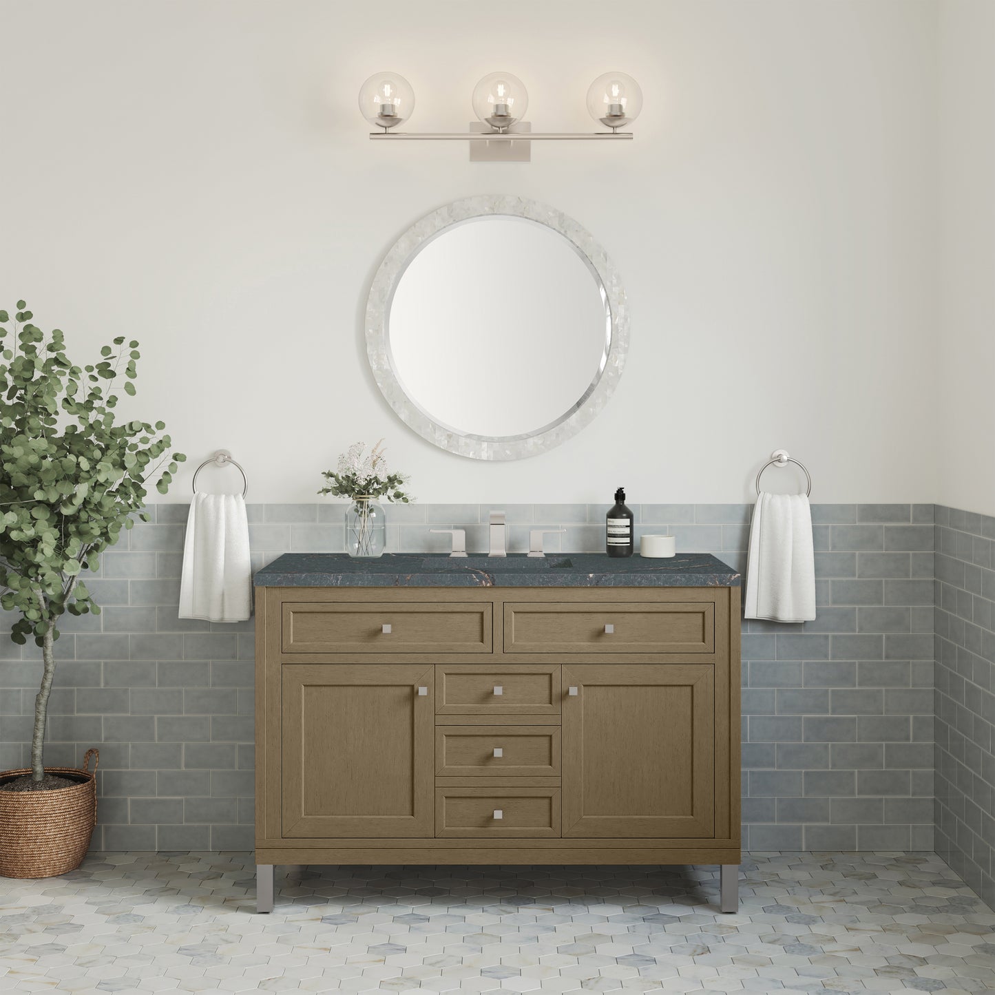 Renovate for Less Atlanta Chicago 48" Single Vanity, Walnut Whisper, w/ 3 CM Parisien Bleu Silestone® Top w/FreePower Wireless Charger
