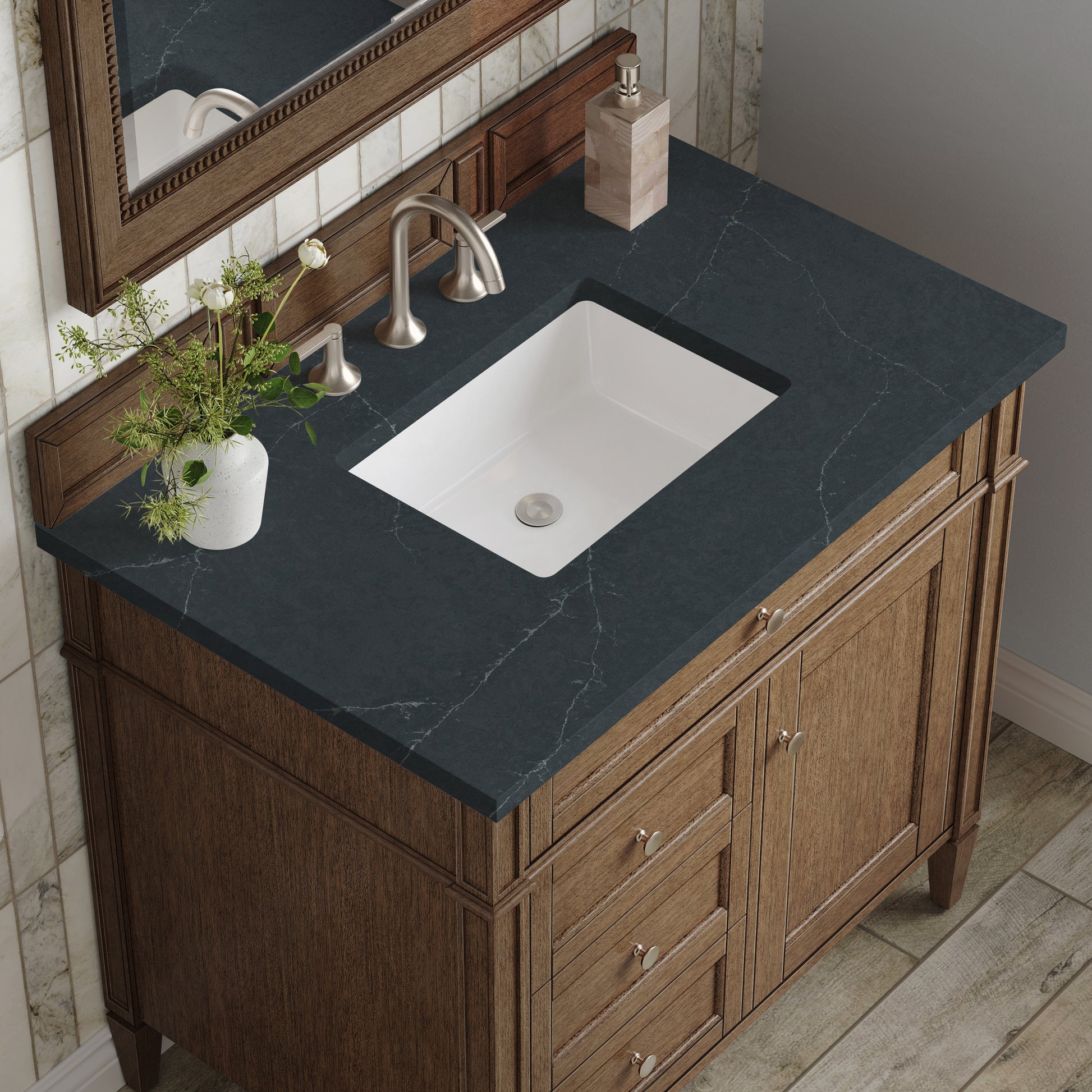 Renovate for Less Atlanta Brittany 36" Single Vanity, Saddle Brown w/ 3 CM Charcoal Soapstone Silestone Top