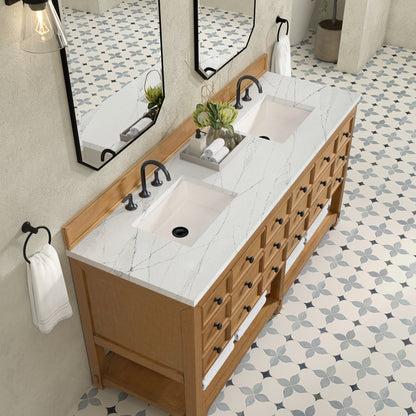 Renovate for Less Atlanta Malibu 72" Double Vanity, Amber Birch w/ 3 CM Ethereal Noctis Top
