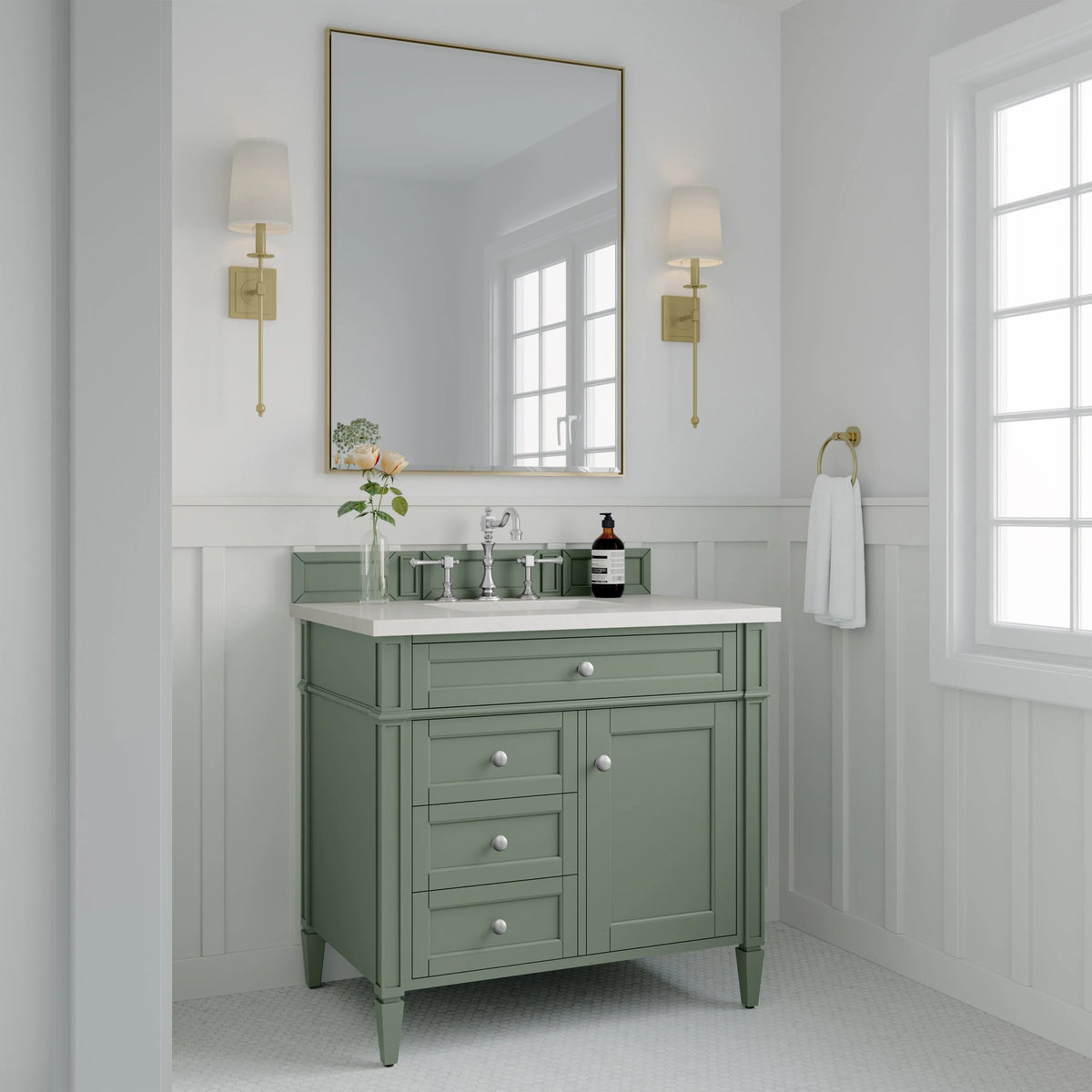 Brittany 36" Single Vanity, Smokey Celadon w/ 3 CM White Zeus Top