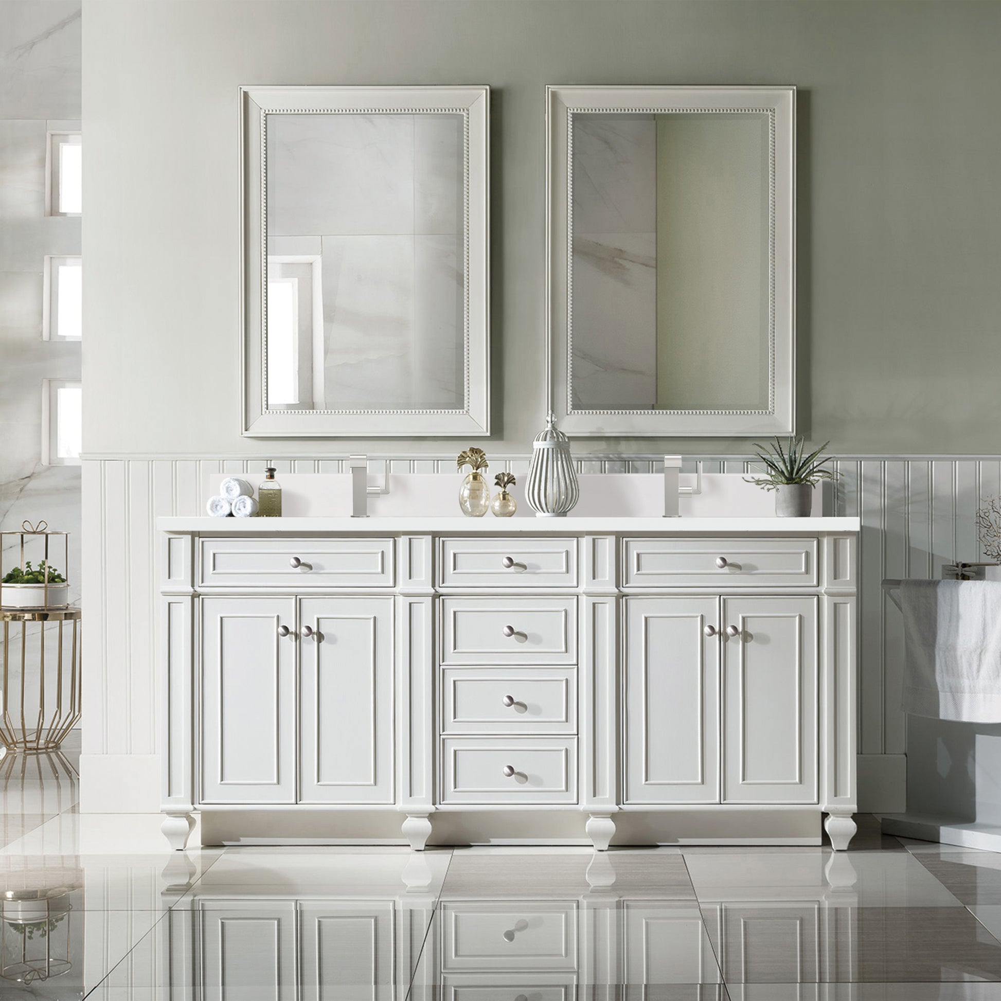 Renovate for Less Atlanta Bristol 72" Double Vanity, Bright White w/ Single Hole 3 CM White Zeus Silestone Top & Backsplash