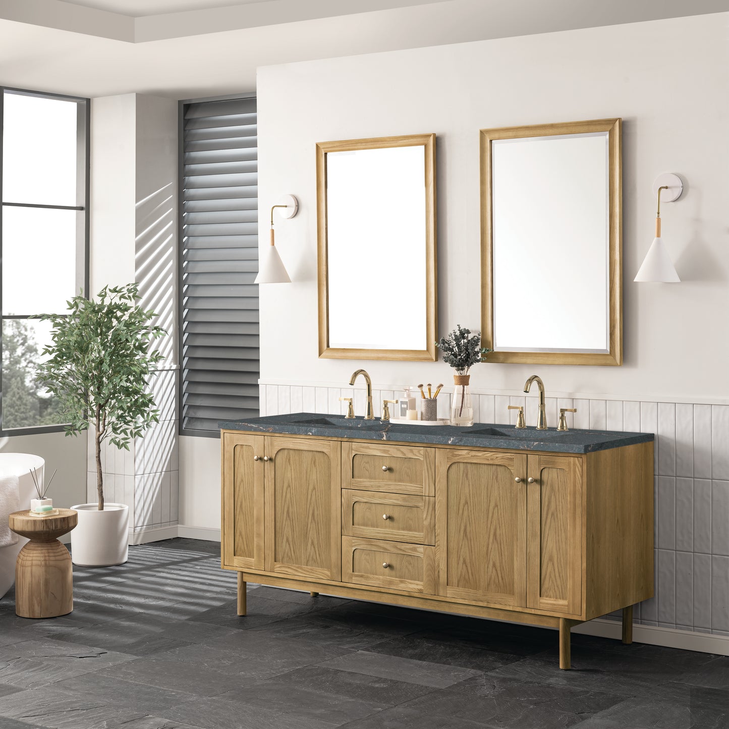 Renovate for Less Atlanta Laurent 72" Double Vanity, Light Natural Oak w/ 3 CM Parisien Bleu Top w/FreePower Wireless Charger