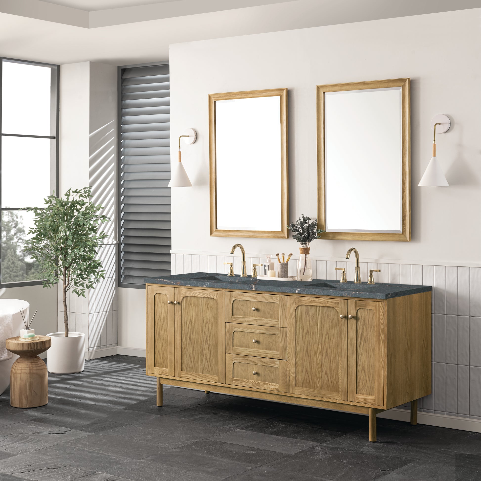 Renovate for Less Atlanta Laurent 72" Double Vanity, Light Natural Oak w/ 3 CM Parisien Bleu Top
