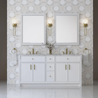 Bellshire 72" Double Vanity, Bright White w/ 3 CM Carrara Marble Top