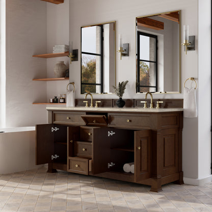 Renovate for Less Atlanta Brookfield 72" Double Vanity, Honey Oak, w/ 3 CM Tajnar Eclos Top w/FreePower Wireless Charger