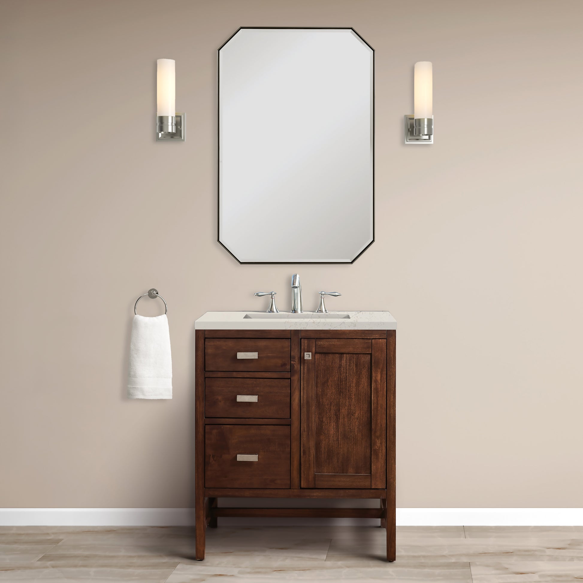 Renovate for Less Atlanta Addison 30" Single Vanity, Mid-Century Acacia, w/ 3 CM Siberian Silestone Top