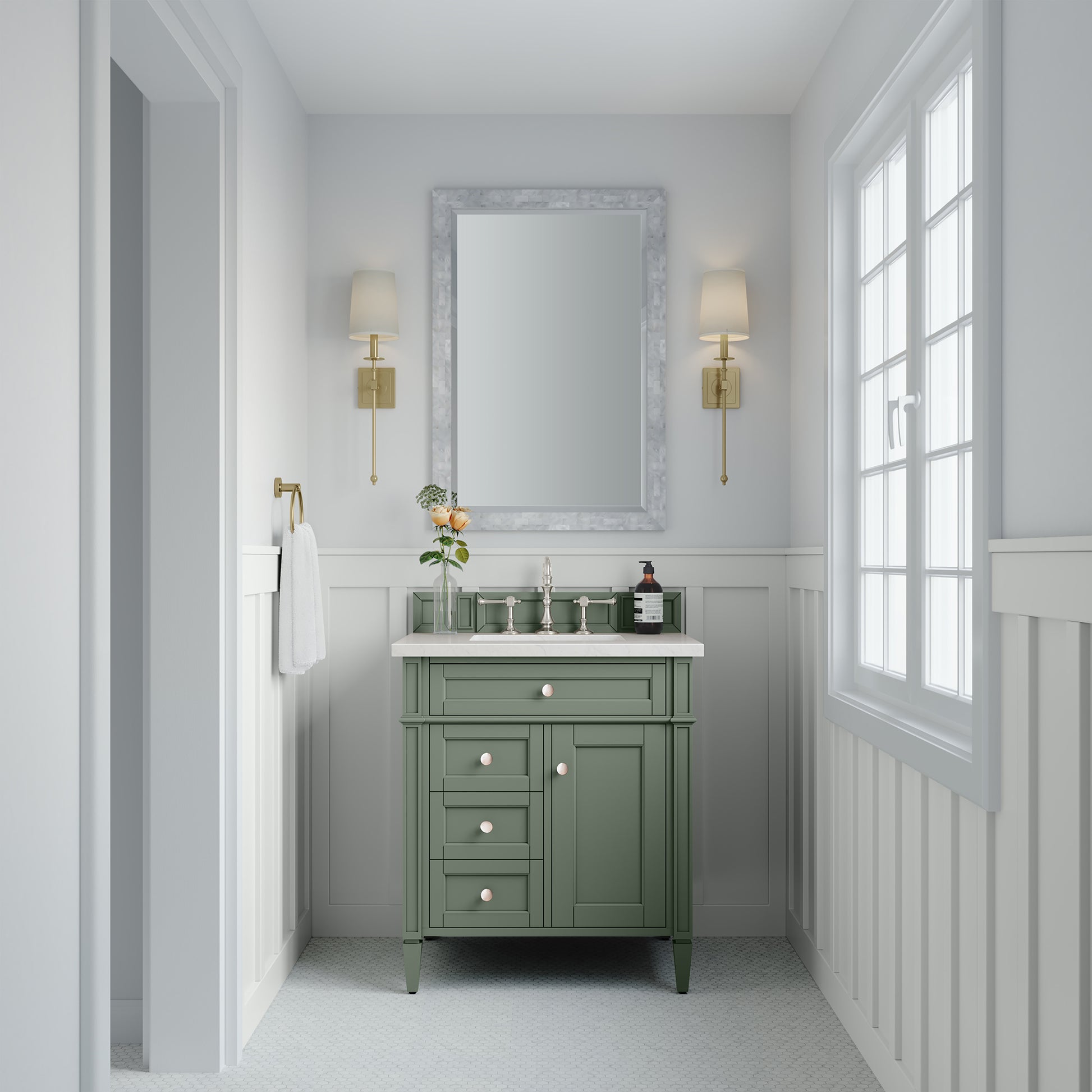 Renovate for Less Atlanta Brittany 30" Single Vanity, Smokey Celadon w/ 3 CM White Zeus Top