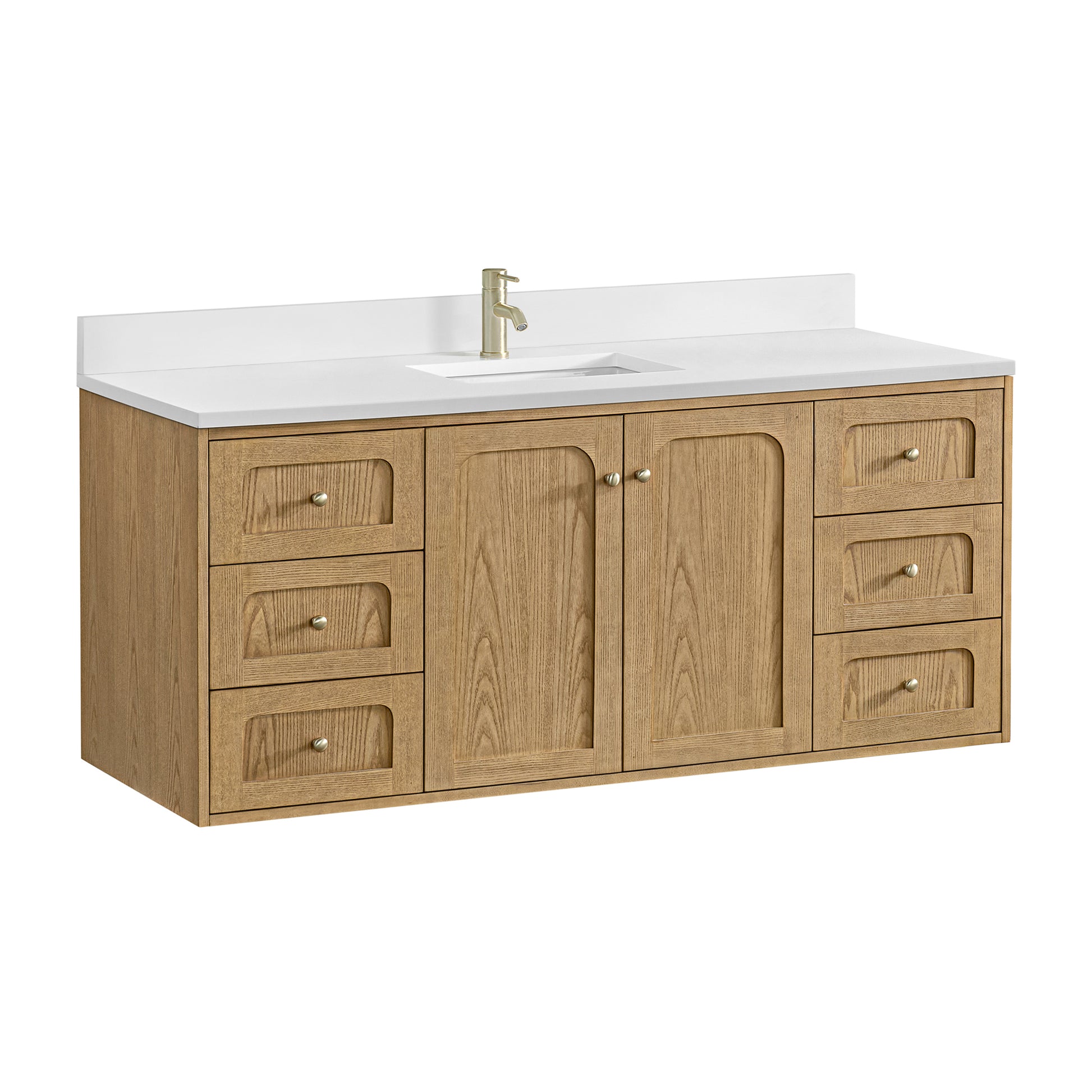 Renovate for Less Atlanta Laurent 60" Single Vanity, Light Natural Oak, w/ Single Hole 3 CM White Zeus Quartz Top & Backsplash