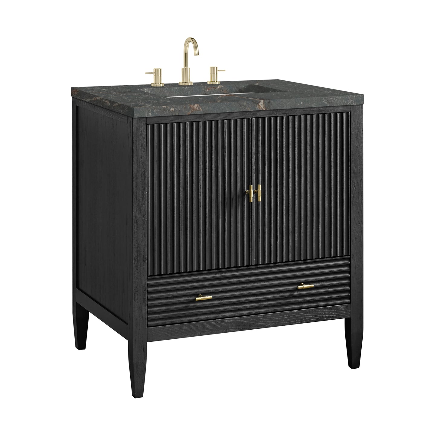 Renovate for Less Atlanta Myrrin 30" Single Vanity, Carbon Oak w/ 3 CM Parisien Bleu Silestone Top