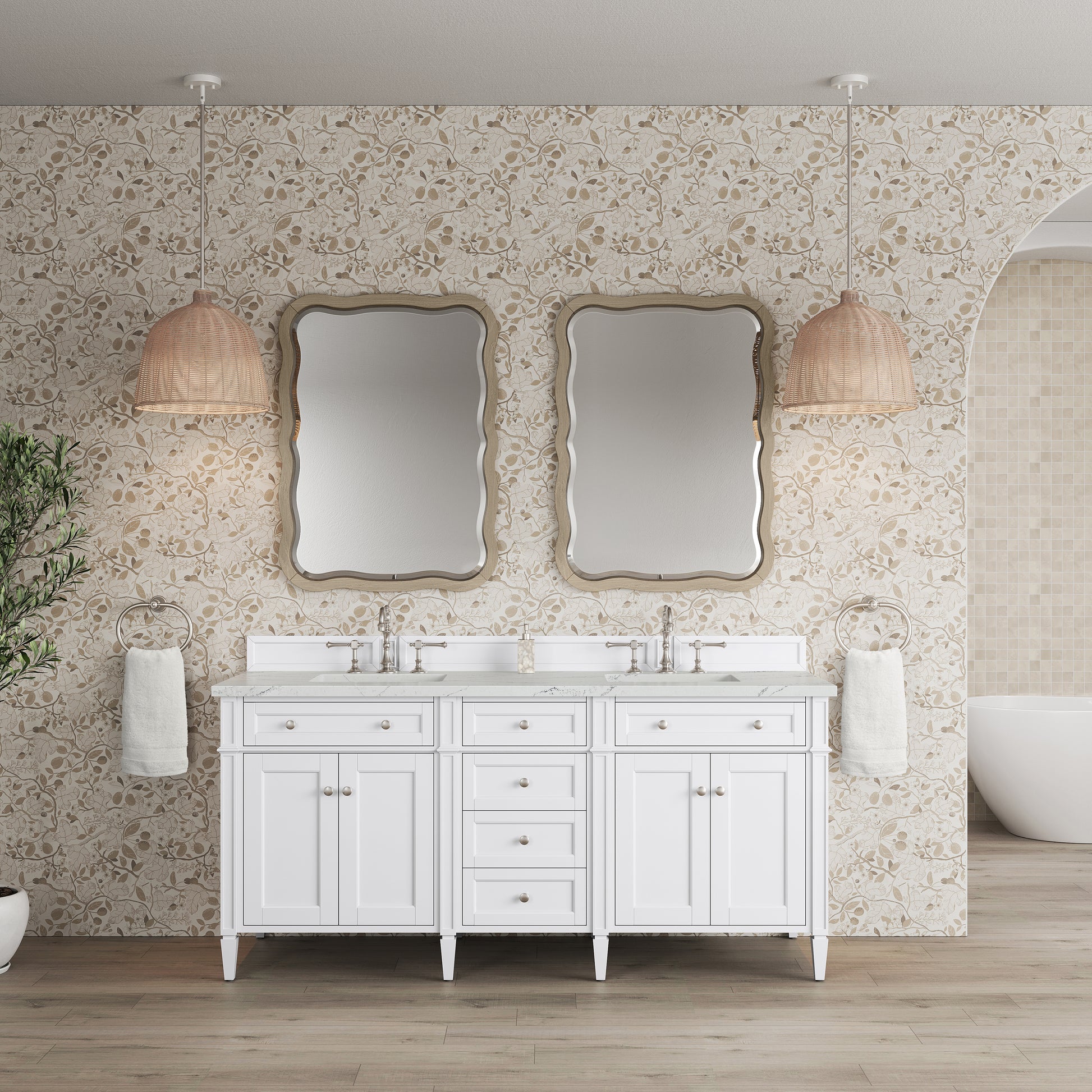 Renovate for Less Atlanta Brittany 72" Double Vanity, Bright White Vanity w/ 3 CM Ethereal Noctis Silestone Top