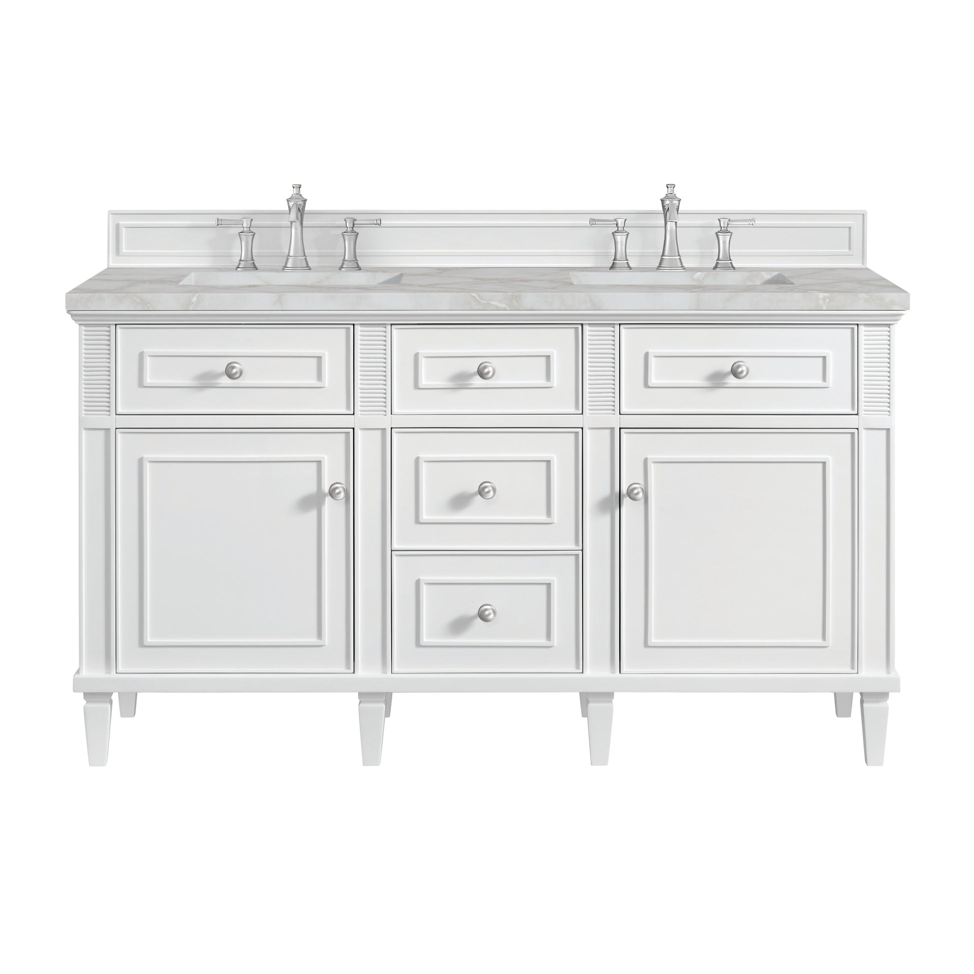 Renovate for Less Atlanta Lorelai 60" Double Vanity, Bright White w/ 3 CM Victorian Silver Silestone Top w/FreePower Wireless Charger