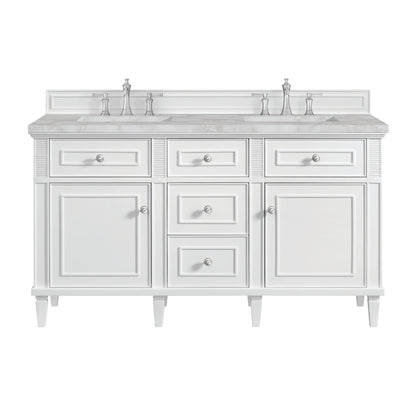 Renovate for Less Atlanta Lorelai 60" Double Vanity, Bright White w/ 3 CM Victorian Silver Silestone Top w/FreePower Wireless Charger
