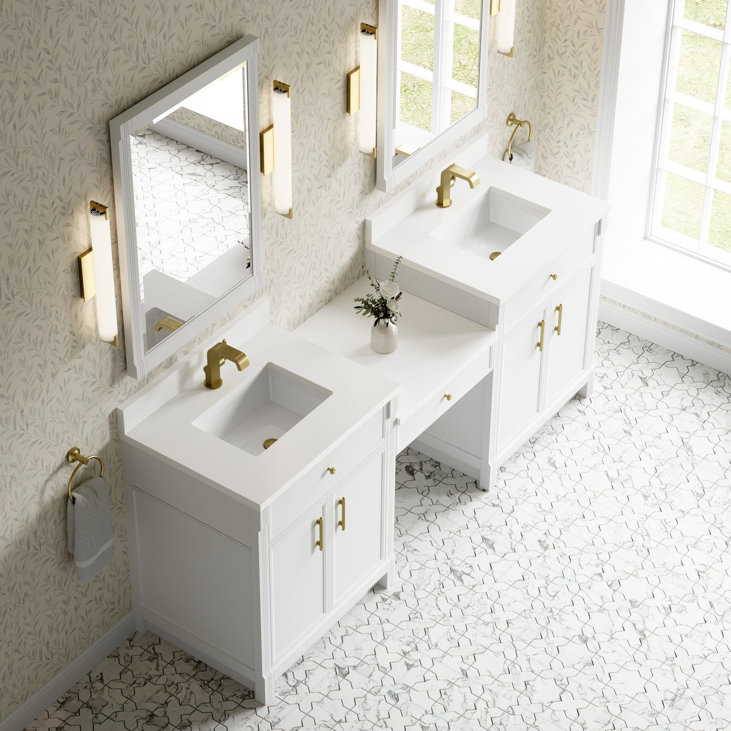 Renovate for Less Atlanta Bellshire 84" Dual Vanity Set with 24" Make-Up Counter, Bright White w/Single Hole 3 cm White Zeus Silestone Top & Backsplash