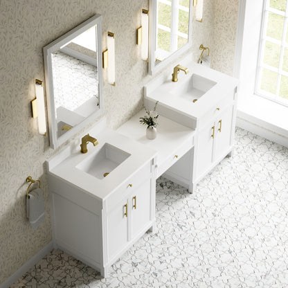 Renovate for Less Atlanta Bellshire 84" Dual Vanity Set with 24" Make-Up Counter, Bright White w/Single Hole 3 cm White Zeus Silestone Top & Backsplash