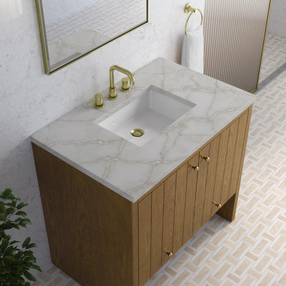 Renovate for Less Atlanta Hudson 36" Single Vanity, Honey Oak w/ 3 CM Victorian Silver Silestone Top