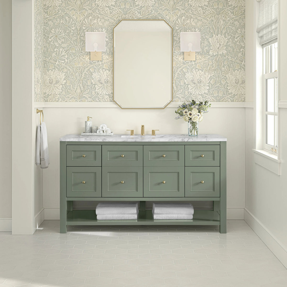 Breckenridge 60" Single Vanity, Smokey Celadon, w/ 3 CM Carrara Marble Top