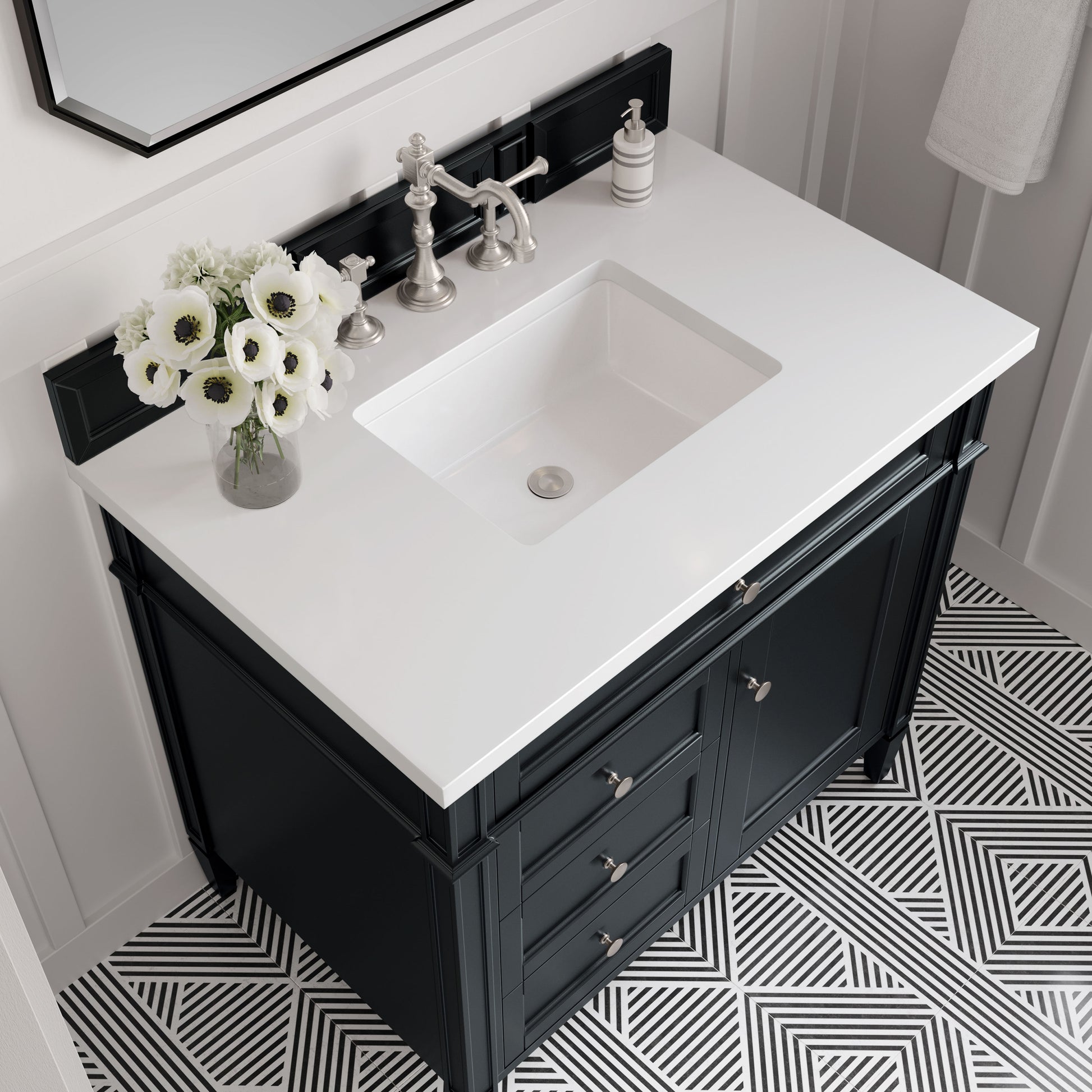 Renovate for Less Atlanta Brittany 36" Single Vanity, Black Onyx w/ 3 CM White Zeus Silestone Top