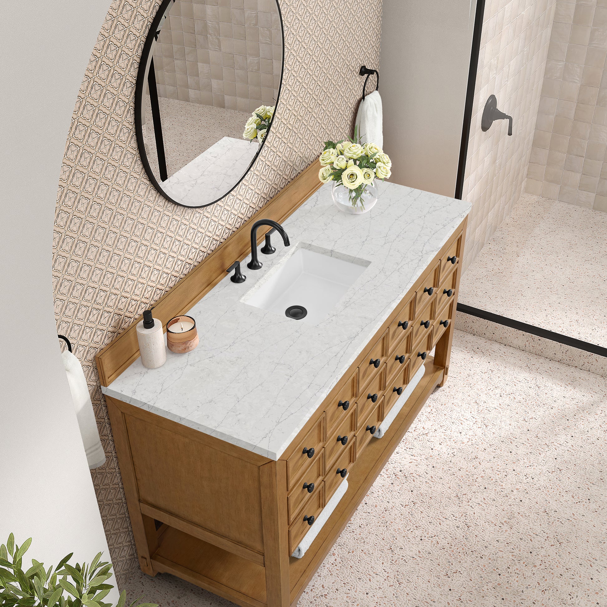 Renovate for Less Atlanta Malibu 60" Single Vanity, Amber Birch w/ 3 CM Eternal Jasmine Pearl Top