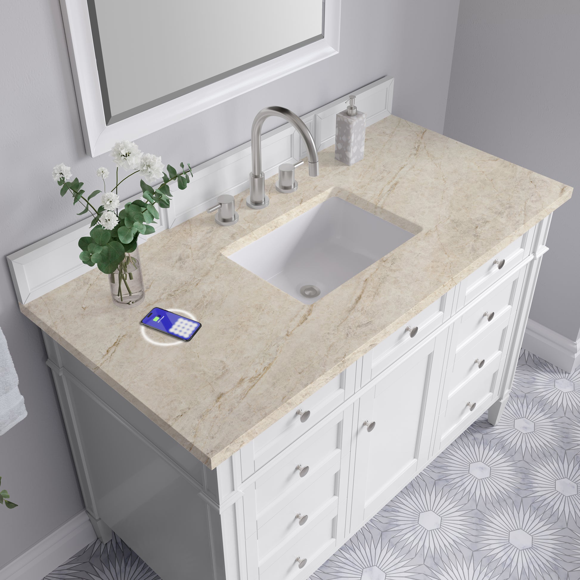 Renovate for Less Atlanta Brittany 48" Single Vanity in Bright White, w/ 3 CM Tajnar Eclos Top w/FreePower Wireless Charger