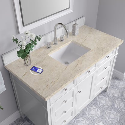 Renovate for Less Atlanta Brittany 48" Single Vanity in Bright White, w/ 3 CM Tajnar Eclos Top w/FreePower Wireless Charger
