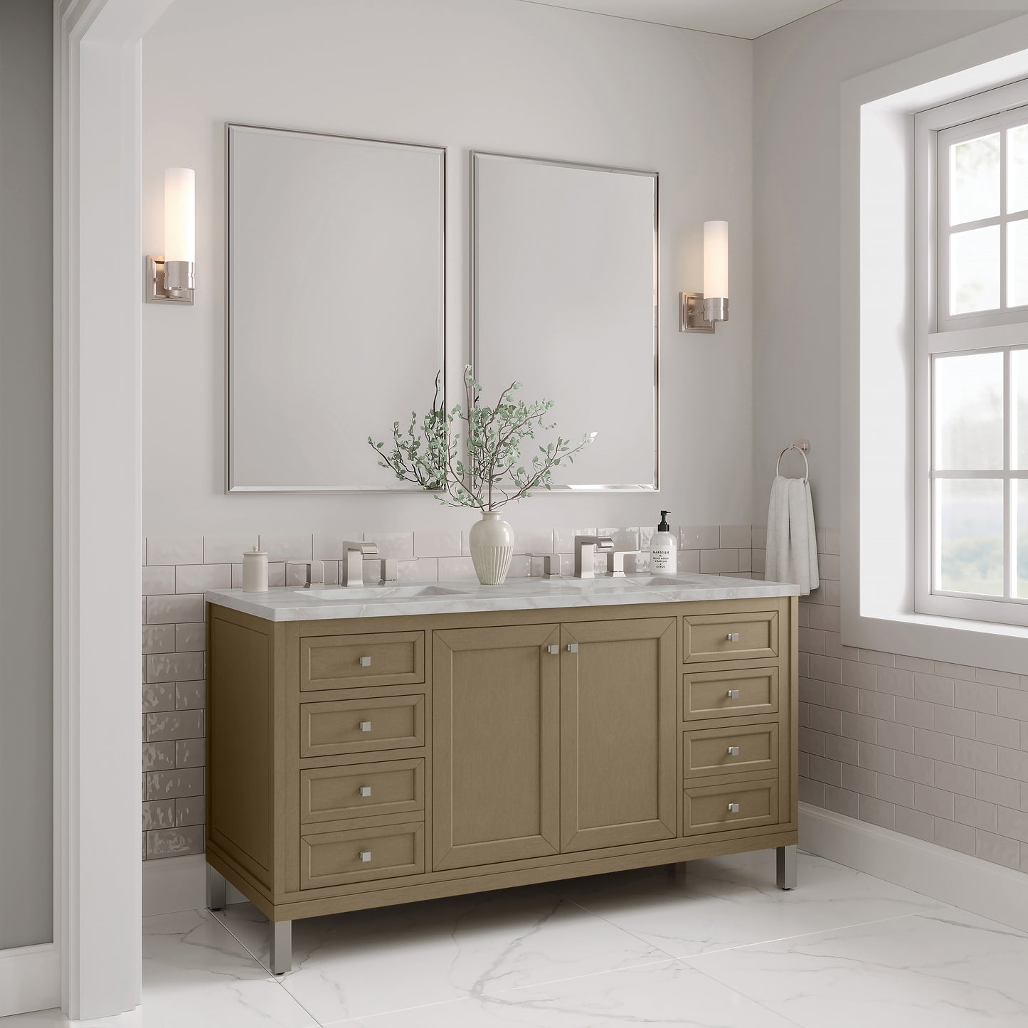 Renovate for Less Atlanta Chicago 60" Double Vanity, Walnut Whisper, w/ 3 CM Victorian Silver Silestone® Top