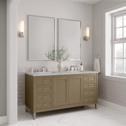 Renovate for Less Atlanta Chicago 60" Double Vanity, Walnut Whisper, w/ 3 CM Victorian Silver Silestone® Top