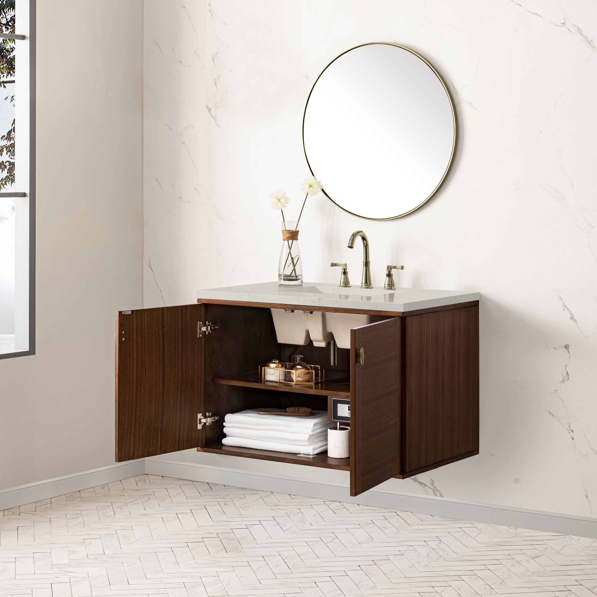 Renovate for Less Atlanta Amberly 36" Single Vanity, Mid-Century Walnut, w/ 3 CM Siberian Silestone Top
