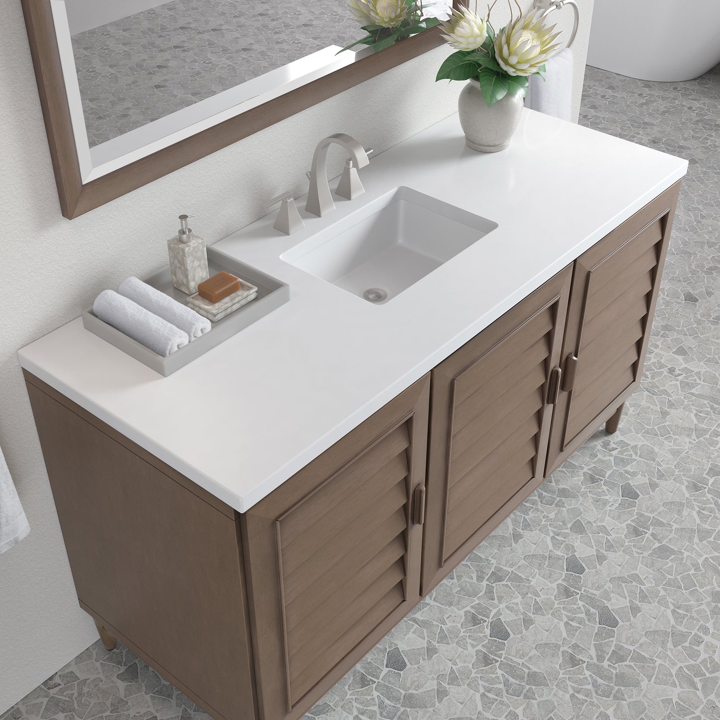 Renovate for Less Atlanta Portland 60" Single Vanity Whitewashed Walnut w/ 3 CM White Zeus Silestone Top