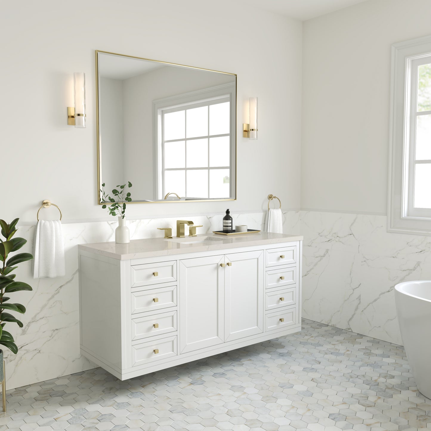 Renovate for Less Atlanta Chicago 60" Single Vanity, Glossy White, w/ 3 CM Siberian Silestone Top w/FreePower Wireless Charger