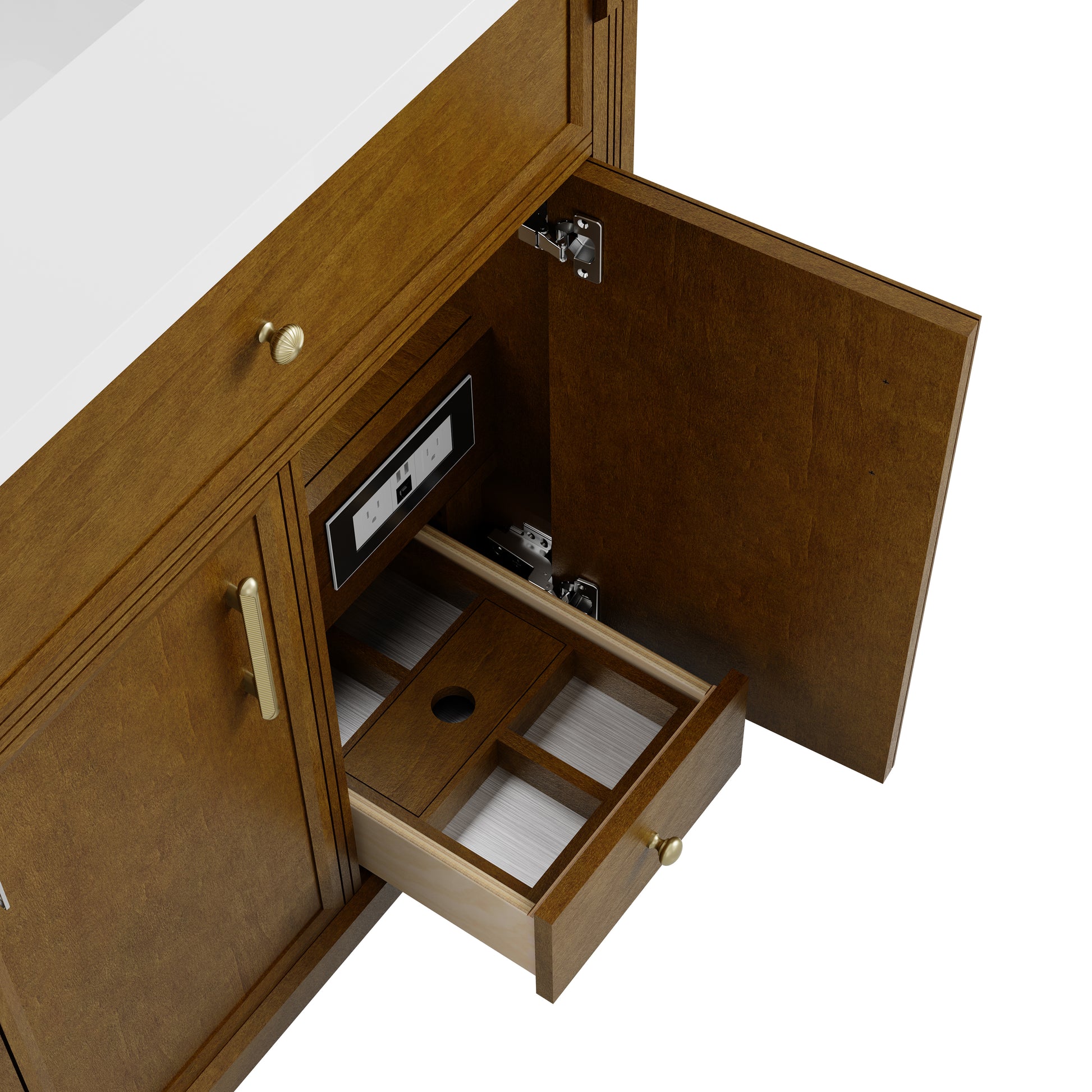 Renovate for Less Atlanta Bellshire 84" Dual Vanity Set with 24" Make-Up Counter, Honey Oak w/3 cm White Zeus Silestone Top