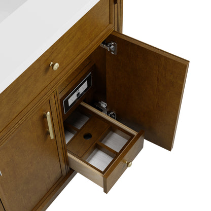Renovate for Less Atlanta Bellshire 84" Dual Vanity Set with 24" Make-Up Counter, Honey Oak w/3 cm White Zeus Silestone Top