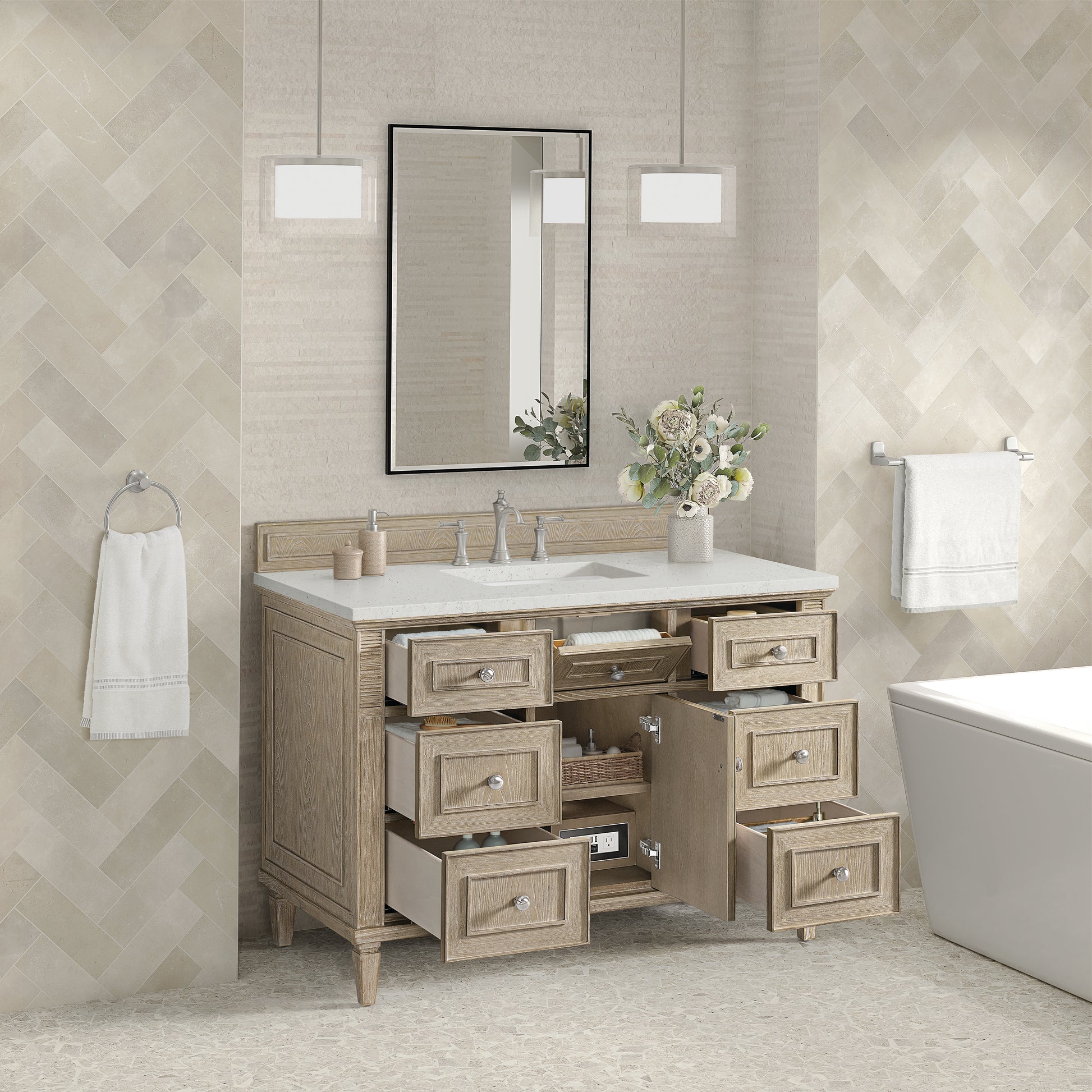 Renovate for Less Atlanta Lorelai 48" Single Vanity, Whitewashed Oak w/ 3 CM Lime Delight Silestone Top