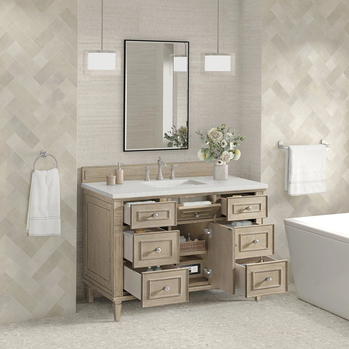 Lorelai 48" Single Vanity, Whitewashed Oak w/ 3 CM Lime Delight Silestone Top