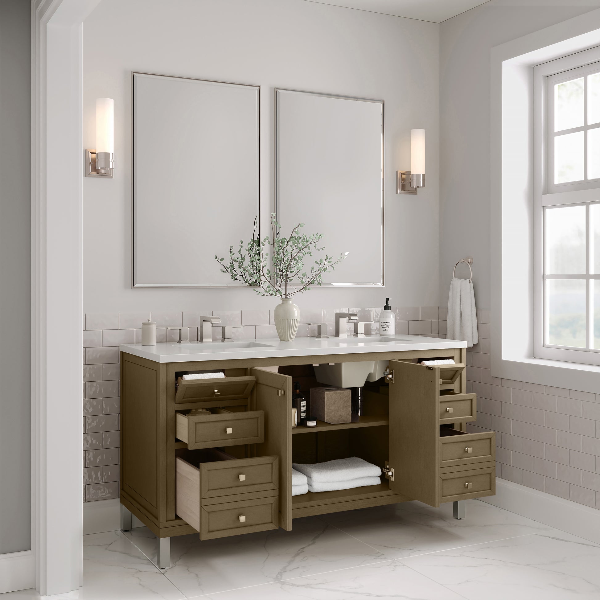 Renovate for Less Atlanta Chicago 60" Double Vanity, Walnut Whisper, w/ 3 CM White Zeus Silestone® Top