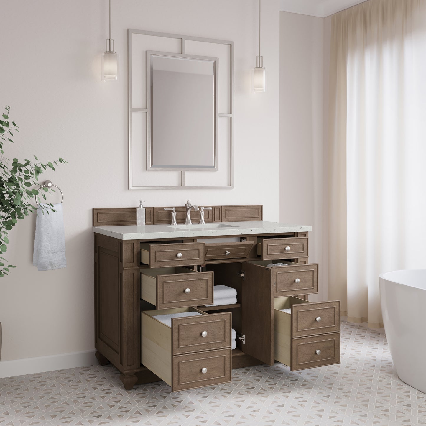 Renovate for Less Atlanta Bristol 48" Single Vanity, Whitewashed Walnut w/ 3 CM Lime Delight Silestone Top