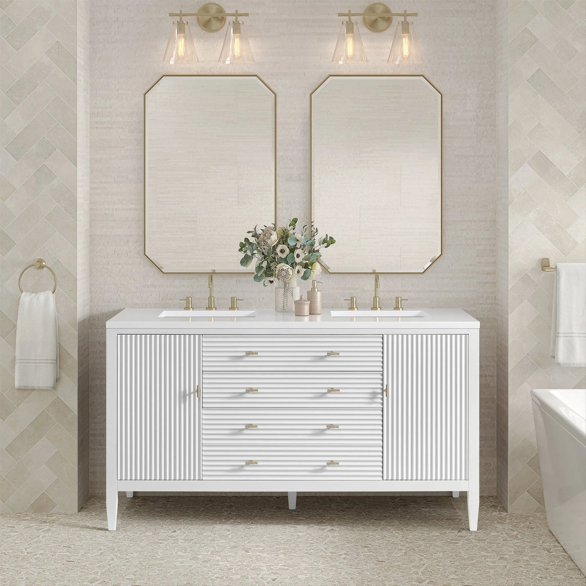 Myrrin 60" Double Vanity, Bright White w/ 3 CM White Zeus Silestone Top