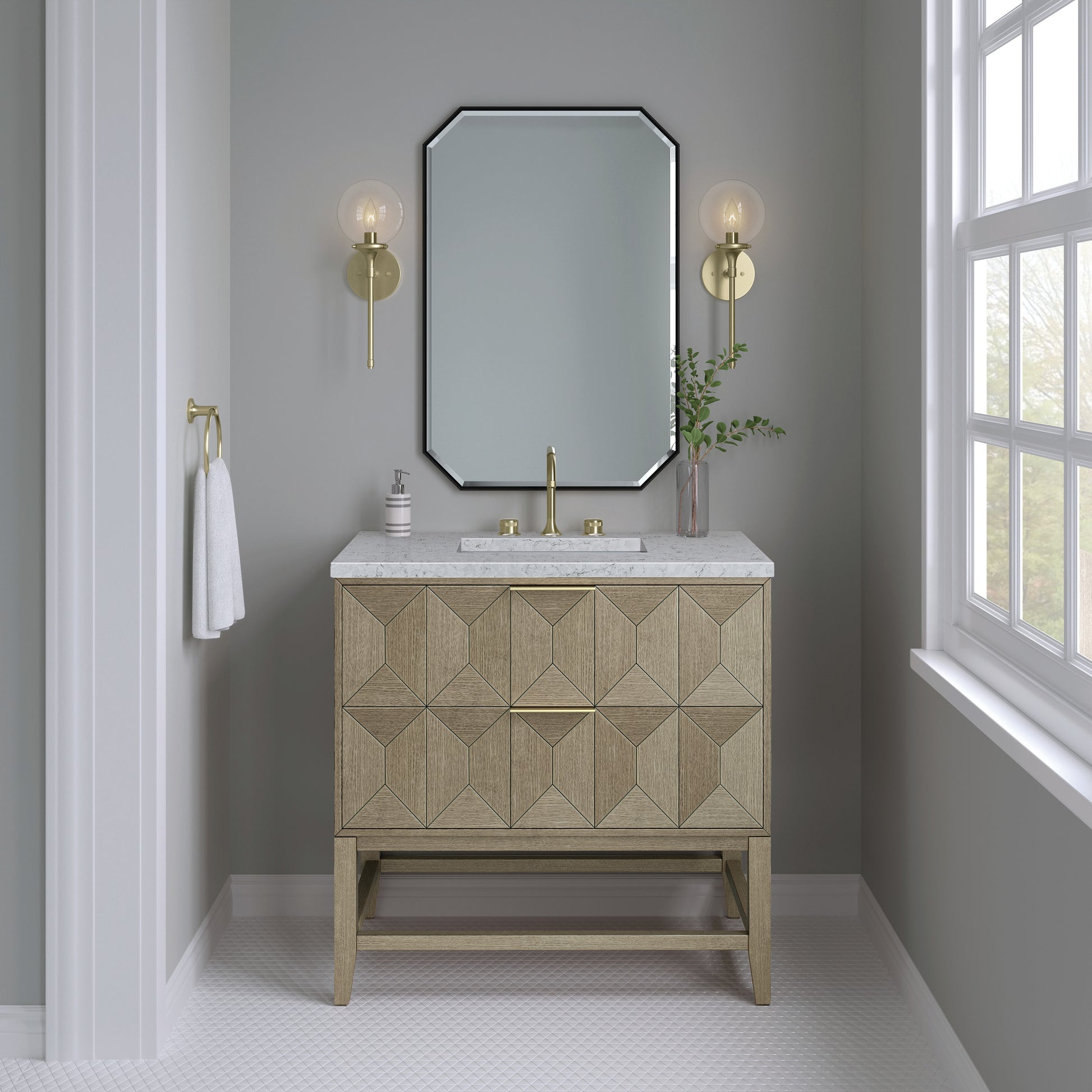 Renovate for Less Atlanta Emmeline 36" Single Vanity, Pebble Oak w/ 3 CM Eternal Jasmine Pearl Top