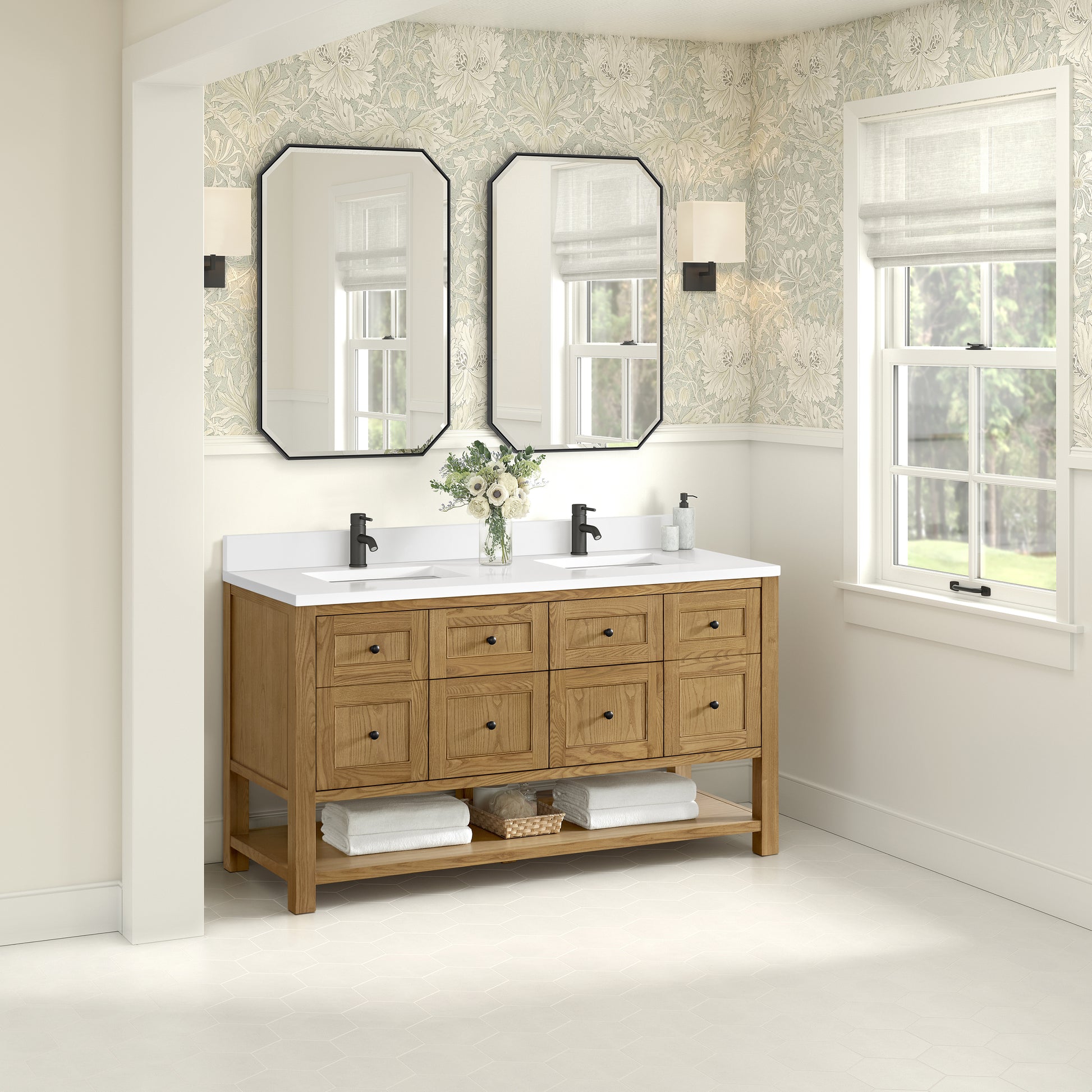 Renovate for Less Atlanta Breckenridge 60" Double Vanity, Light Natural Oak, w/ Single Hole 3 CM White Zeus Quartz Top & Backsplash