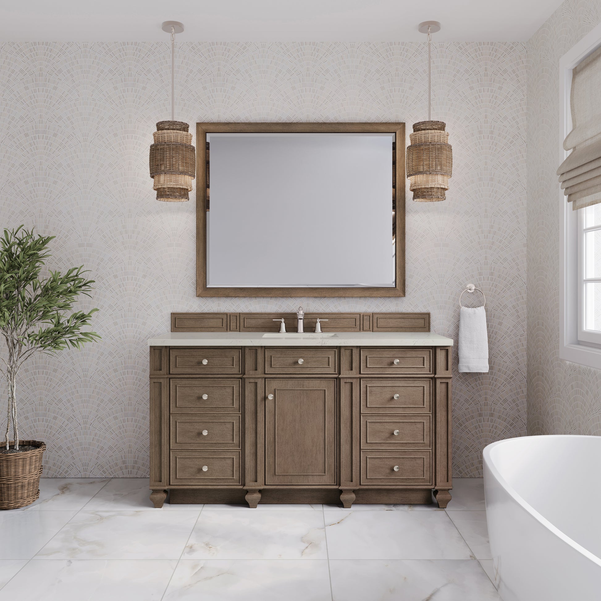 Renovate for Less Atlanta Bristol 60" Single Vanity Whitewashed Walnut, w/ 3 CM Siberian Silestone Top