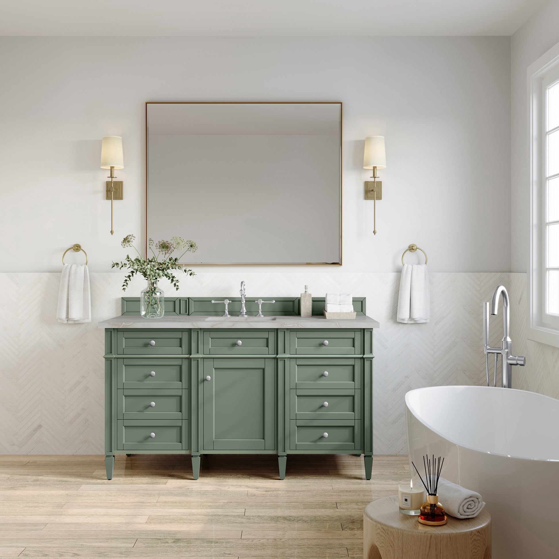 Renovate for Less Atlanta Brittany 60" Single Vanity, Smokey Celadon w/ 3 CM Victorian Silver Top